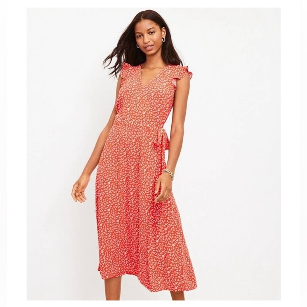 NWT LOFT Rapture Red Floral Ruffle Sleeve Wrap Midi Dress Size Large